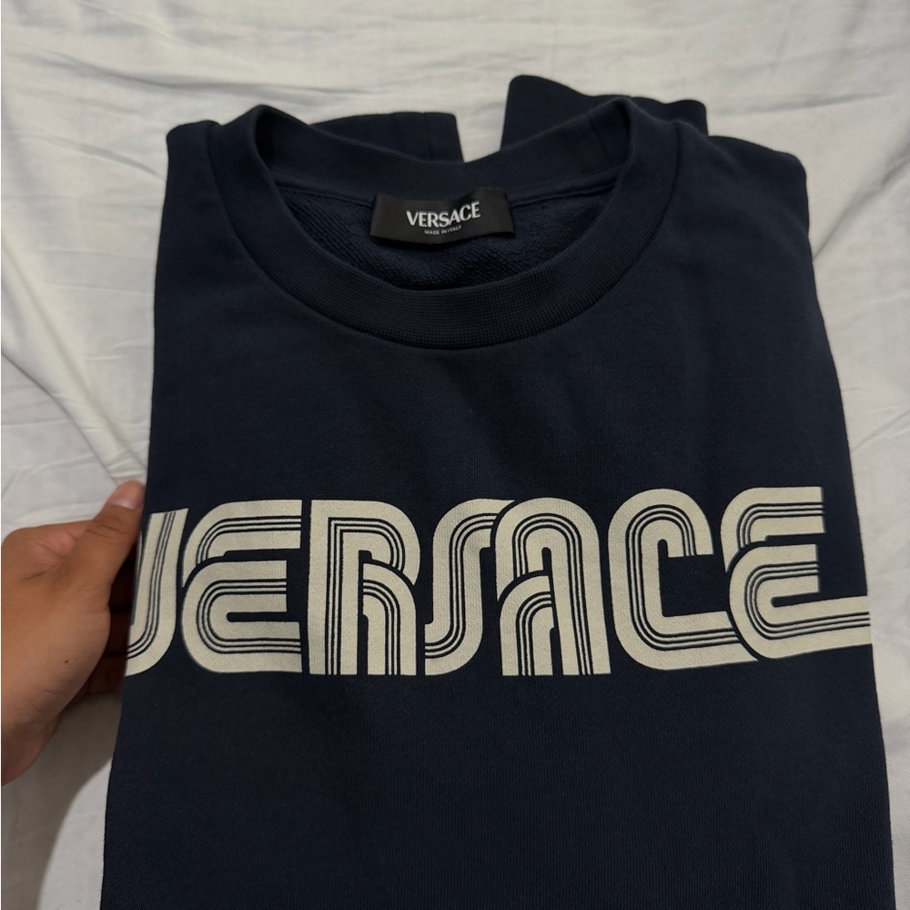 Versace Navy Blue Kids Logo Tee with Cream Print